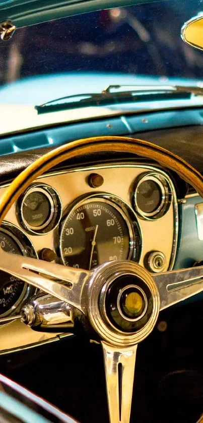 Vintage car dashboard with a classic steering wheel in retro style.