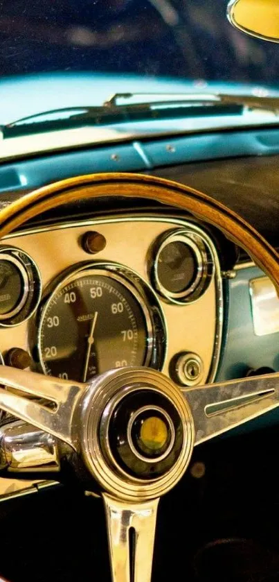 Vintage car dashboard with wooden steering wheel in teal tones.