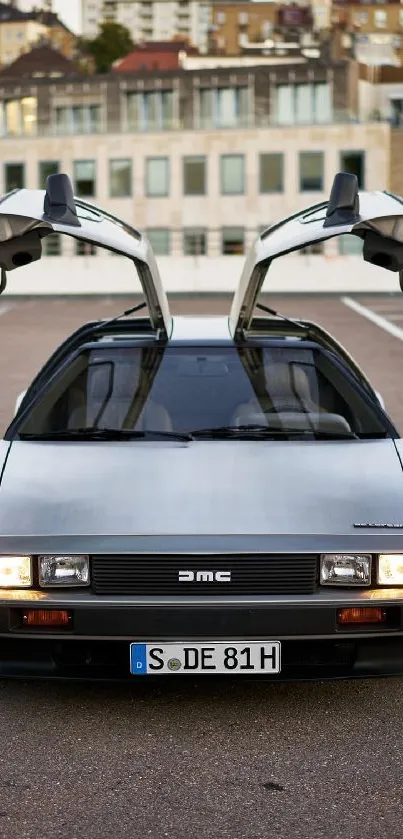 Iconic Delorean car with gullwing doors open, set in an urban environment.