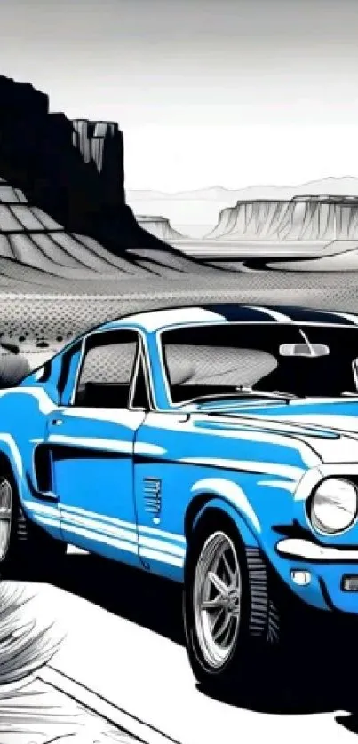 Blue classic car on desert backdrop in artistic style.