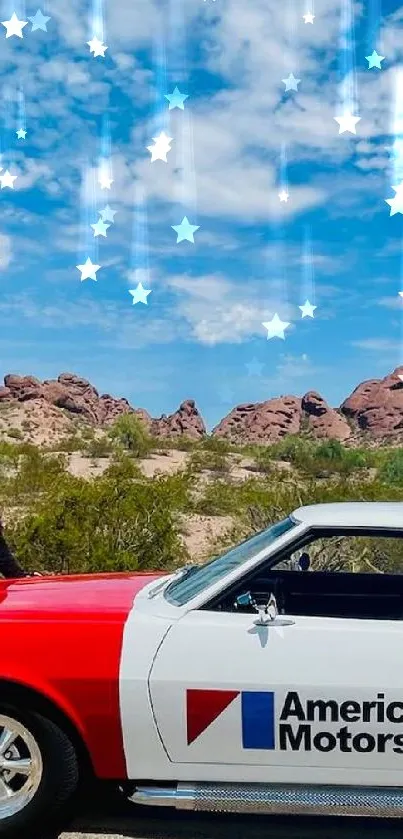 Classic American Motors car in desert under bright blue sky.