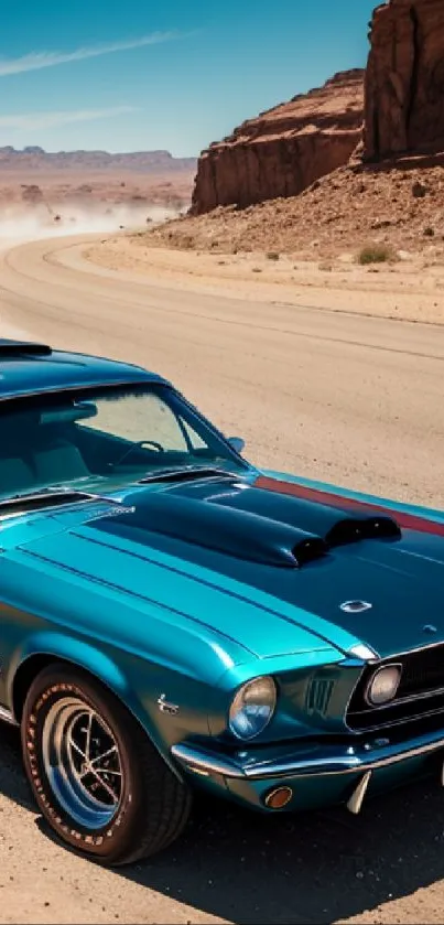 Vintage teal car driving on a desert road.