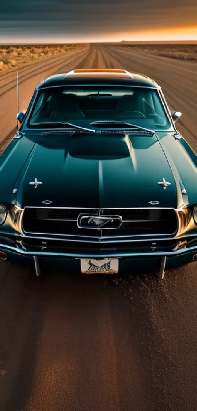 Classic vintage car on a desert road at sunset, perfect for mobile wallpaper.