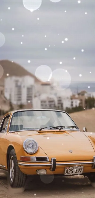 Vintage car in desert with bokeh lights.