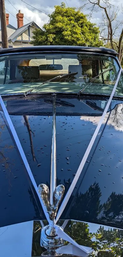 Glossy blue vintage car with white ribbons in a scenic setting.