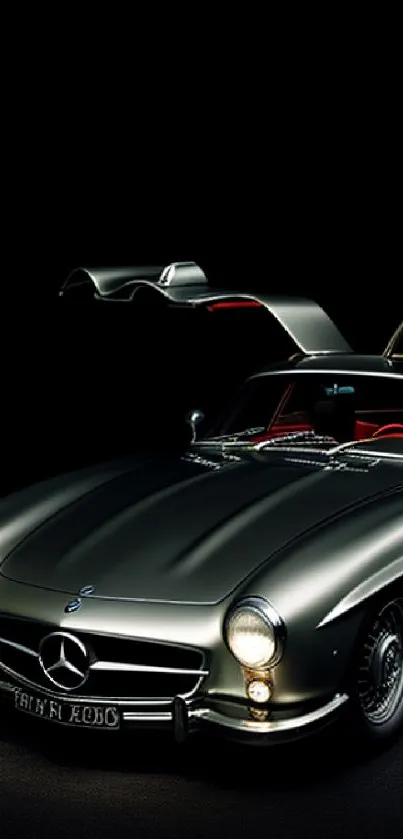 Classic car with gullwing doors on black background.