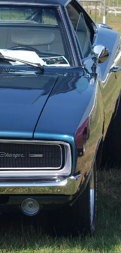 Front view of a classic vintage car with shiny chrome on a grassy field.