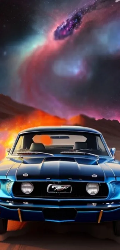 Vintage car with galaxy background wallpaper, blending retro and cosmic elements.