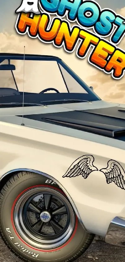 Vintage car with Ghost Hunter logo under a blue sky.