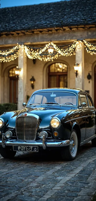 Vintage car with festive lights outside an elegant building.