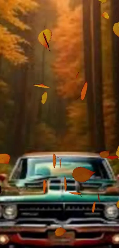 Classic car driving through an autumn forest with colorful falling leaves.