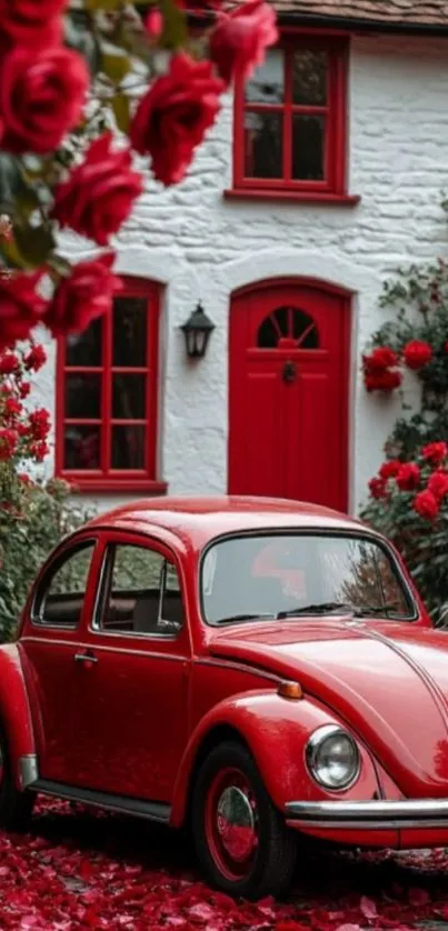Vintage red car parked by a rose-covered cottage.