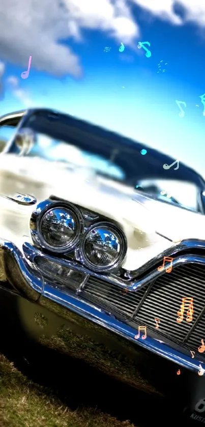 Classic car under a vivid blue sky with shining chrome details.