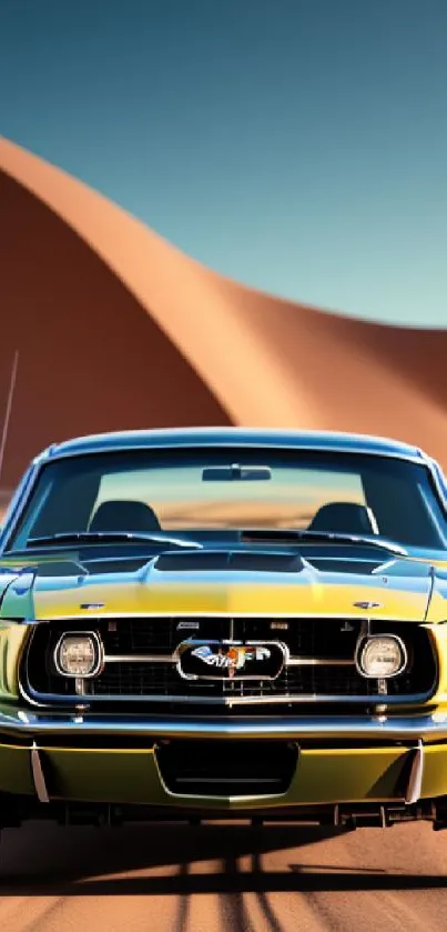 Vintage green car set against desert sand dunes under clear sky.