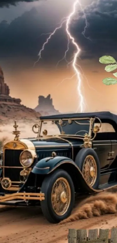 Classic car in desert storm with lightning and vintage style.
