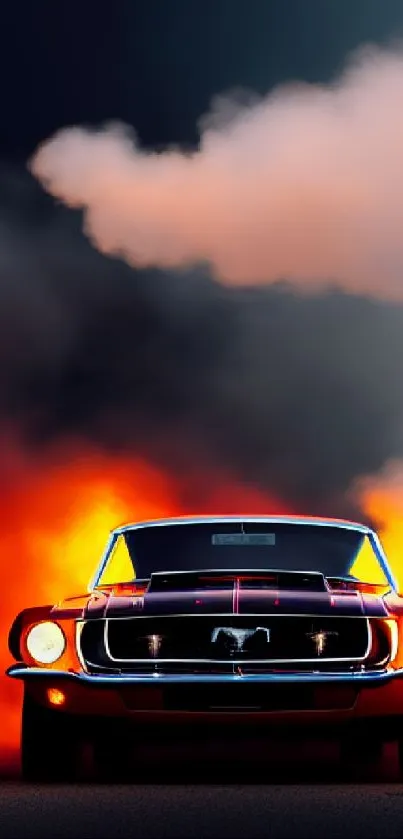 Classic car with fiery background at night, creating a dynamic look.