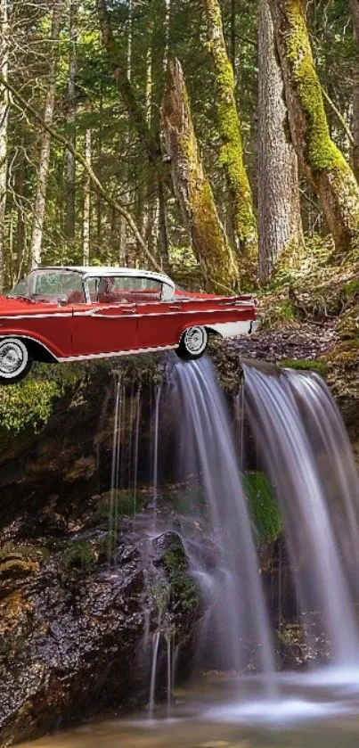 Classic red car perched above a scenic forest waterfall.