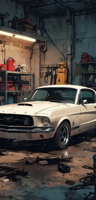 Classic white Mustang parked in vintage garage workshop.