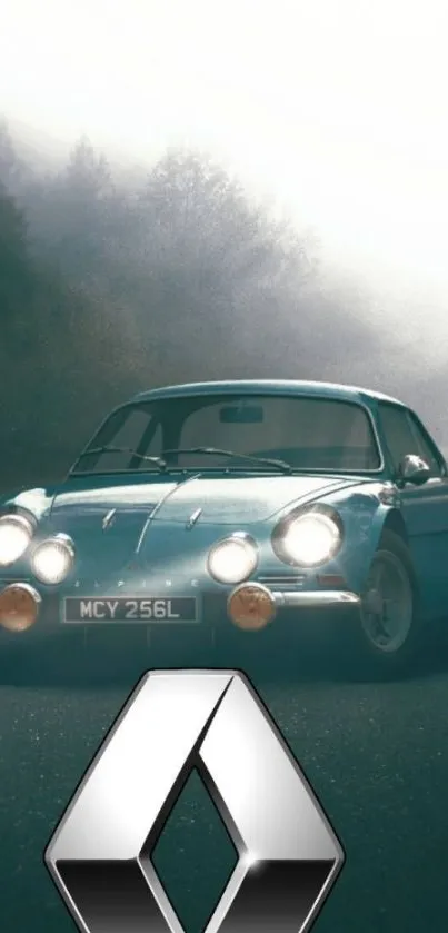 Blue classic car driving along a misty road with a prominent logo.