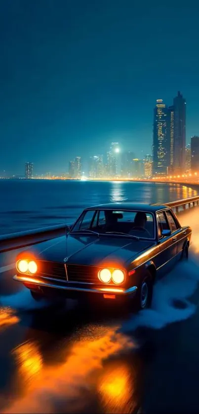 Vintage car driving along a lit city road at night with glowing headlights.