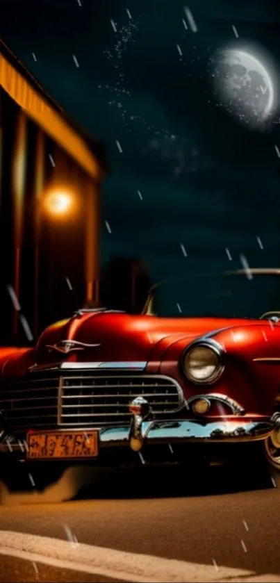 Vintage red car parked at night under rain and streetlights.