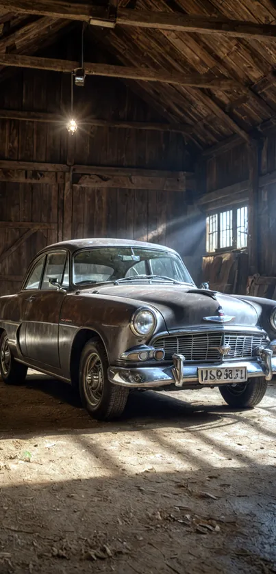 Vintage car in a rustic garage setting, beautifully lit.