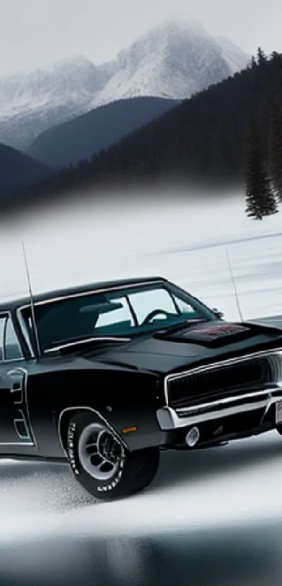 Classic black car on icy lake with snowy mountain backdrop.