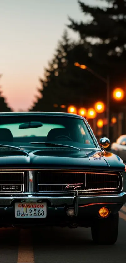 Mobile wallpaper of a classic car under urban night lights.
