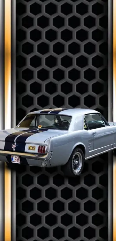 Classic Ford Mustang against black and metallic patterned wallpaper.