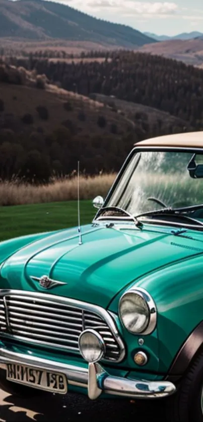 Vintage car parked in a scenic mountain landscape with clear skies.