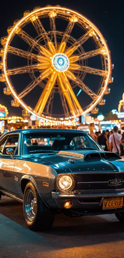 Classic car with a vibrant Ferris wheel backdrop at night carnival.