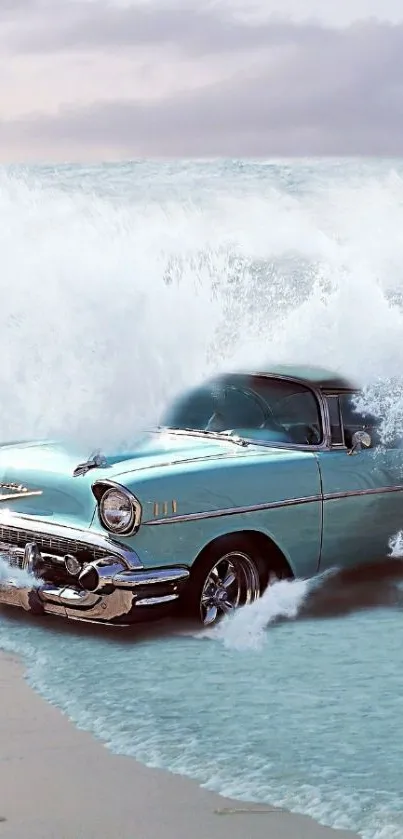 Vintage car merging with ocean waves, surreal artwork.