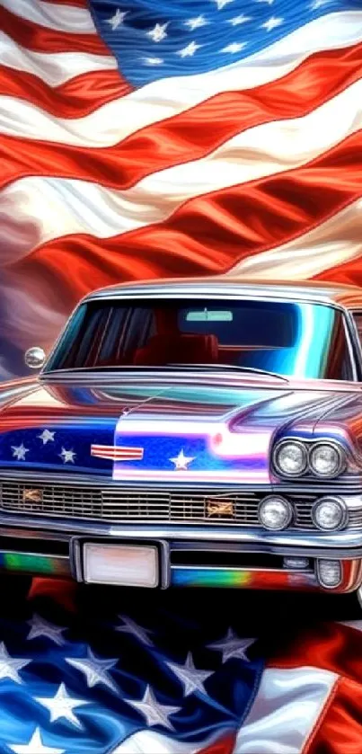 Classic American car on a USA flag background wallpaper.