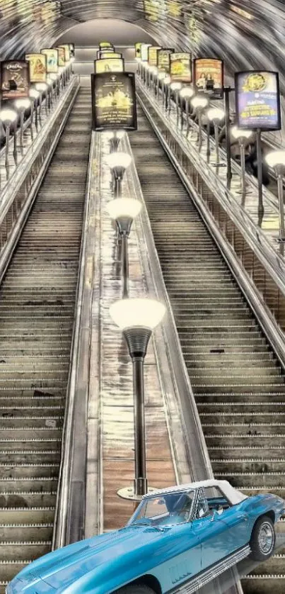 Classic blue car on a modern escalator in urban setting.