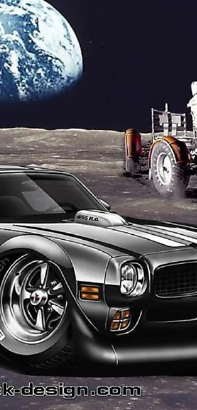 Vintage car on the moon with Earth in the background.