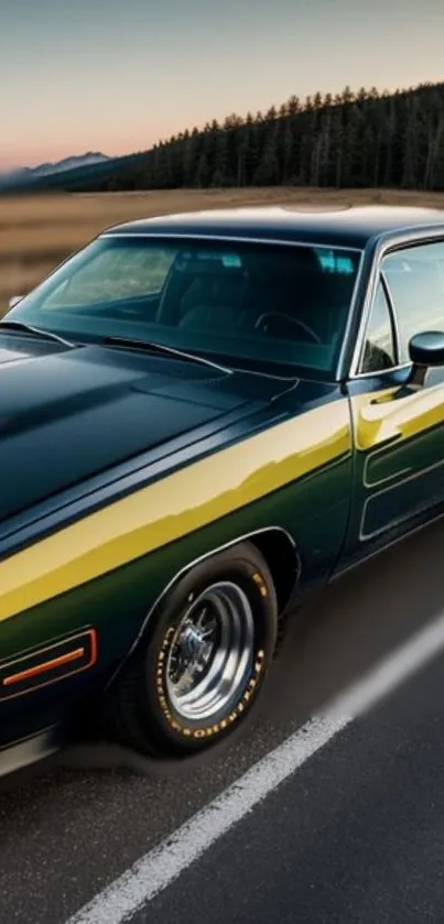 Vintage muscle car on a scenic road at sunset.