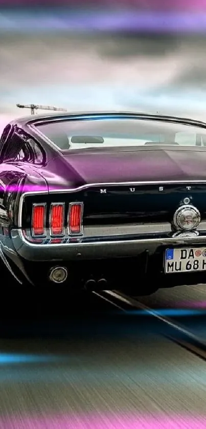 Classic Mustang car driving on open road, dark gray background.