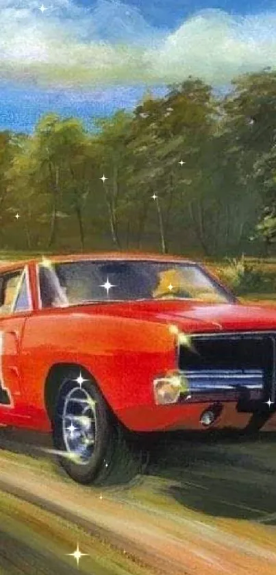 Classic muscle car chase in vibrant countryside artwork.