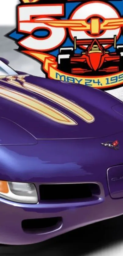 Vintage purple Corvette with Indianapolis 500 emblem.