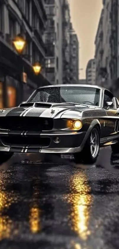 Vintage muscle car on wet city street at night