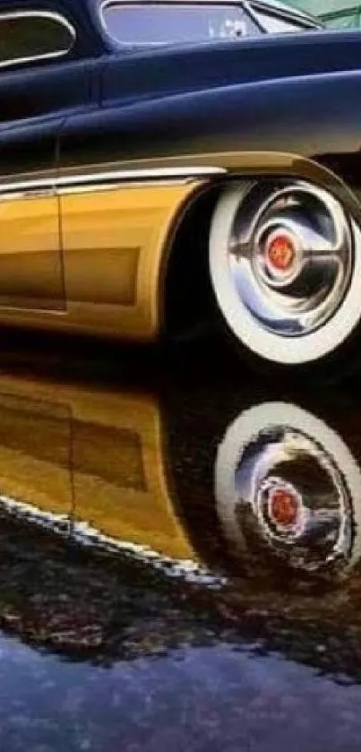 Classic car reflecting in water, black and chrome design.