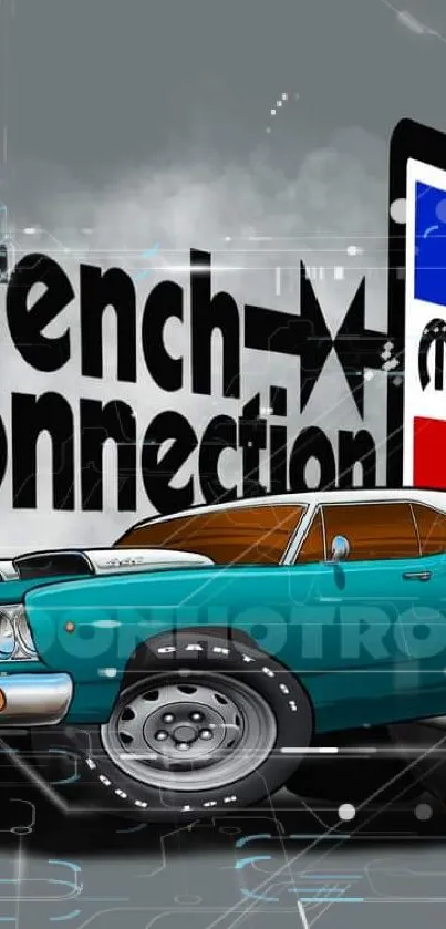 Retro Mopar car with French Connection design on a gray background.