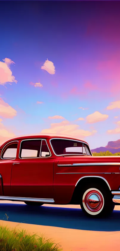 Vintage red car under a vibrant sunset sky.