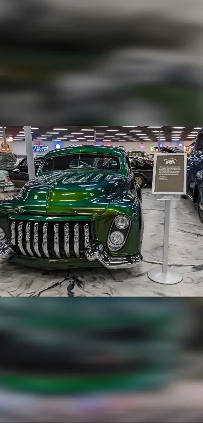 Classic green car displayed in an auto museum with vintage charm.