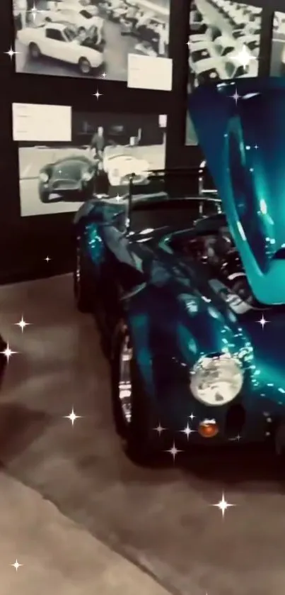 Teal vintage sports car with sparkle in showroom setting.