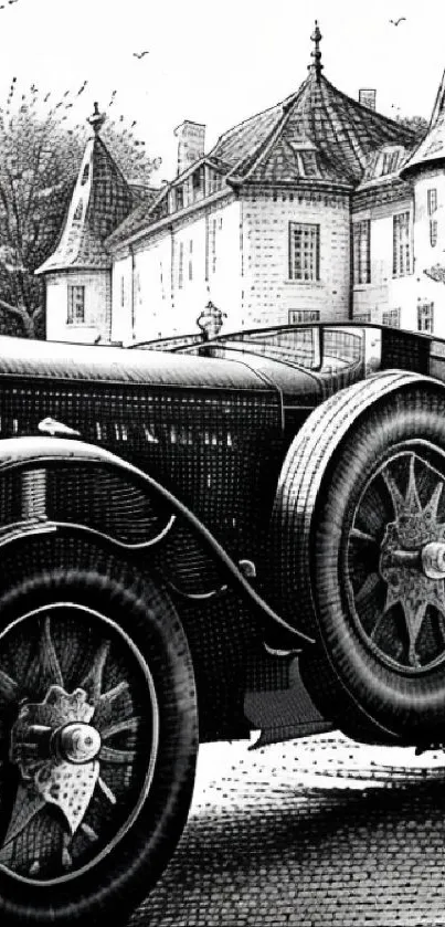 Black and white detailed sketch of a classic car with a historical building in the background.