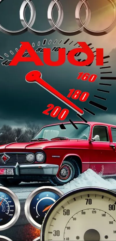 Classic red car with Audi speedometer on mobile wallpaper.