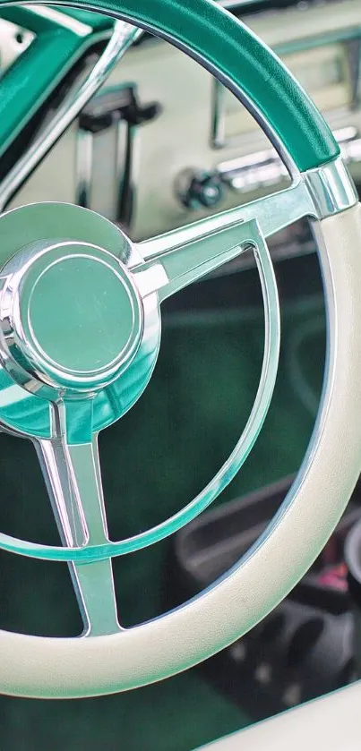 Vintage car steering wheel in turquoise and cream colors.