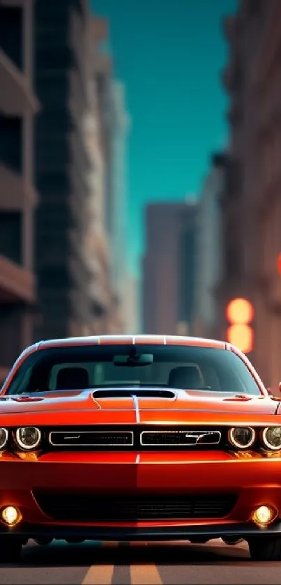 Orange classic car in cityscape background.