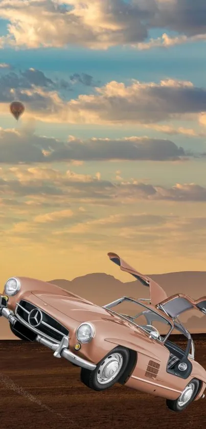 Vintage car wallpaper with sunset and hot air balloon.